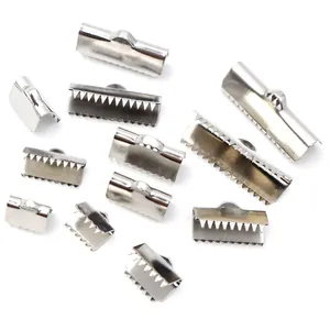 Polished stainless steel ribbon crimp ends with teeth and top loop for DIY jewelry