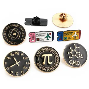 Dark enamel lapel pins set featuring science formulas and travel adventure motifs