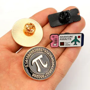 Dark enamel lapel pin set featuring Pi symbol and Adventure Awaits ticket designs