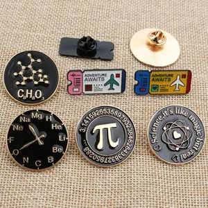 6-piece science themed enamel pin set with molecular structure and atom model