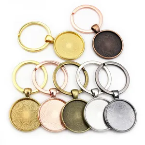 Zinc Alloy Round Keychain Base Bezel Pendant Trays Vintage Geometric Metal Cabochon Setting Jewelry Making Findings Accessory