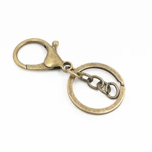 Antique bronze lobster clasp keychain with round ring and connecting chain on white background