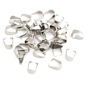 Macro shot of silver stainless steel pinch bails for DIY jewelry pendant making