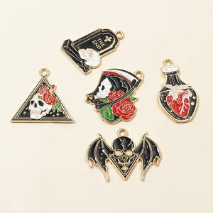Punk Gothic Skull Rose Tombstone Grim Reaper Enamel Pendants Zinc Alloy Drip Oil DIY Jewelry Charms Halloween Accessories