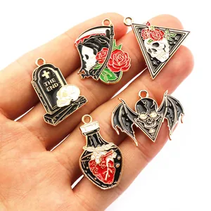 Five-piece punk gothic alloy charms set featuring reaper skull and tombstone for DIY jewelry