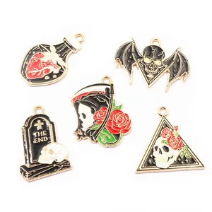 Gothic punk alloy charms set with skull, rose, tombstone, and reaper enamel designs
