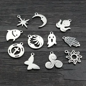 Set van 10 zilveren roestvrijstalen bedeltjes met maan ster en hamsa hand voor sieraden