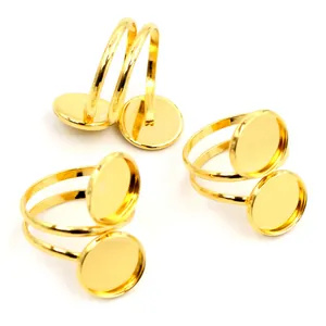Golden stainless steel dual bezel adjustable rings for DIY gemstone jewelry making