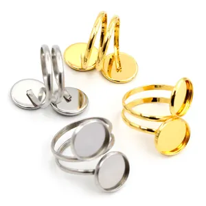 Adjustable stainless steel double tray ring base for 12mm gemstones in gold and silver