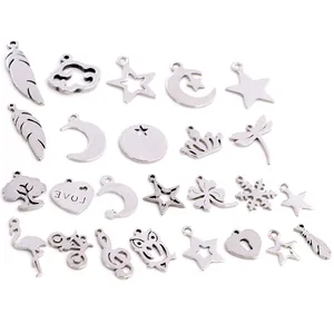 Stainless Steel Small Charms Pendants For DIY Jewelry Making Star Moon Feather Tree Heart Shape Silver Metal Mini Pendants