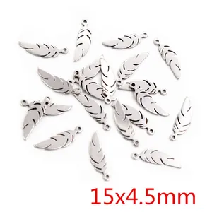 Macro view of stainless steel feather pendants for DIY jewelry making 15x4.5mm