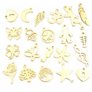 Vacuum Gold Plated Stainless Steel Pendant Charms For Jewelry Making Moon Butterfly Tree Of Life Hamsa Hand Feather DIY Findings