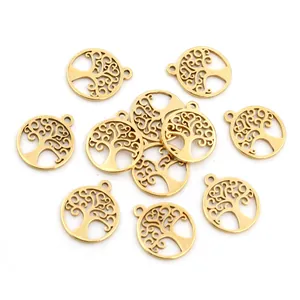 Ten pieces of gold vacuum-plated stainless steel tree of life charms for DIY jewelry making