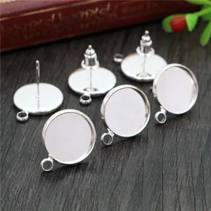 Detailed silver-plated round earring posts with loop connectors and butterfly backs