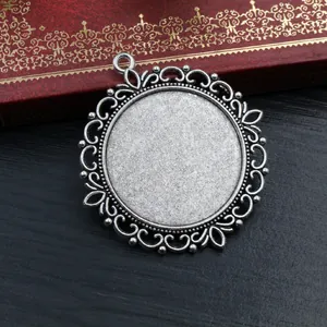 35mm antique silver double-sided alloy pendant tray with ornate hollow lace edge for DIY