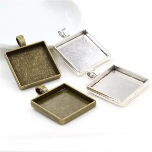 Square Alloy Pendant Bezel Trays For Time Gem DIY Jewelry Making Antique Silver Bronze Metal Cabochon Base Accessory