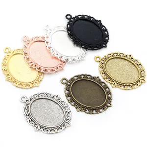 Set of 6 assorted vintage 18x25mm oval alloy pendant trays with hollow lace edges