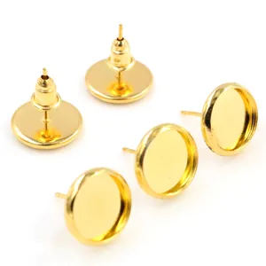Golden round earring stud bases with tray and bullet backs for DIY jewelry making
