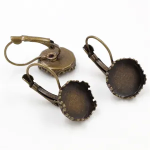 Tres ganchos de pendiente de 12mm bronce con base de corona redonda para joyas DIY