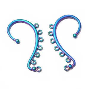 Macro view of iridescent metallic ear hooks with multiple loops for DIY jewelry making