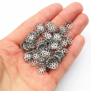 Bulk pack of hollow silver stainless steel flower bead caps for DIY jewelry making crafts