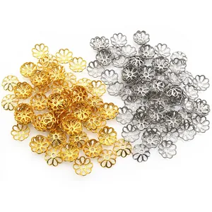 50pcs stainless steel hollow flower bead caps in gold and silver for DIY jewelry making