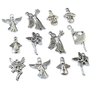 Set de colgantes de ángeles y hadas en aleación de plata antigua para bisutería DIY