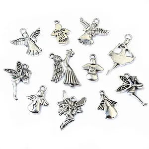 Set de 10 dijes de ángel y hada en plata antigua para creación de joyería