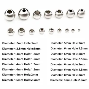 Size chart for stainless steel round spacer beads with various outer and hole diameters