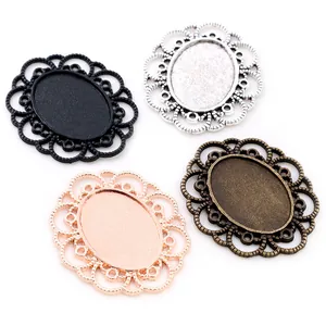 Oval alloy lace cabochon base set in four metal finishes for DIY jewelry making