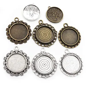 Vintage Alloy Pendant Bezel Trays For DIY Jewelry Making Antique Silver Bronze Base Settings Round Floral Anchor Shape