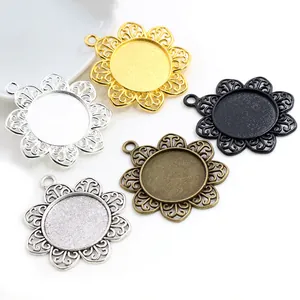 Retro flower-shaped alloy pendant base in five metal finishes for DIY jewelry making