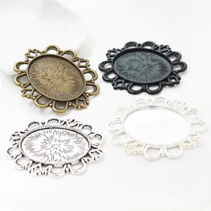 Oval antique alloy pendant trays with hollow flower edges for DIY jewelry making