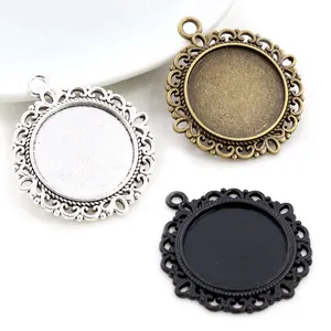 Retro 20mm round alloy pendant trays with hollow lace borders in silver bronze and black