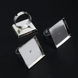 Adjustable silver square ring base settings for DIY jewelry making and resin crafts