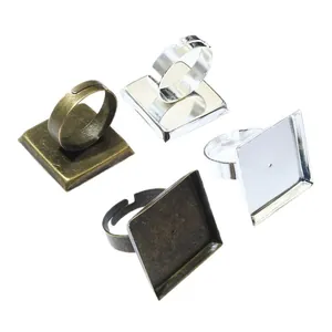 Adjustable 20mm square ring base trays in bronze and silver for DIY jewelry making