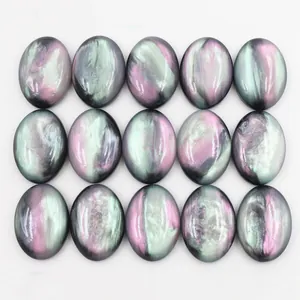 15 cabochons ovales en résine avec texture brossée irisante violette et vert menthe