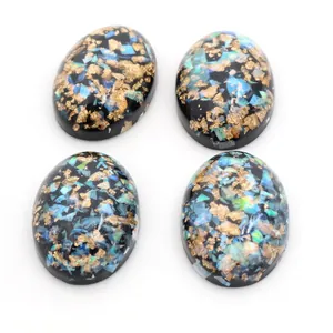 Ovale 18x25mm Bernstein-Resin-Cabochons mit Goldflocken und blau-grünen Glitzer, 4er-Set