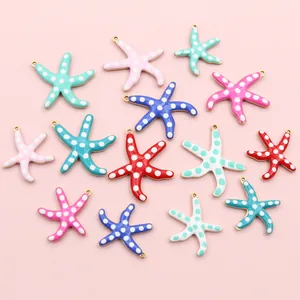 Vergoldete Edelstahl-Seestern-Anhänger mit bunter Emaille und weißen Punkten für DIY-Schmuck