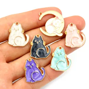 Bunte Katzen-Emaille-Anhänger aus Legierung mit Mond- und Sitzkatzen-Set für DIY Schmuck