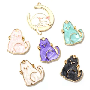 Emaille Legierung Katze Mond Anhänger Für DIY Schmuckherstellung Zubehör Handgefertigte Bastelbedarf Bunte Kätzchen Charms