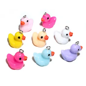 Set of 8 colorful resin duck pendants with silver metal rings for DIY jewelry and crafts