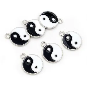 Set of six round Yin Yang alloy pendants with black and white enamel for DIY jewelry