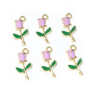 Enamel rose flower pendants for DIY jewelry making in purple and gold alloy 6pcs
