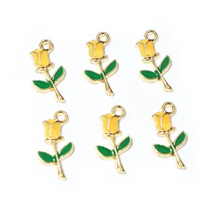 Set of six yellow enamel rose flower alloy pendants with green leaves for DIY jewelry making