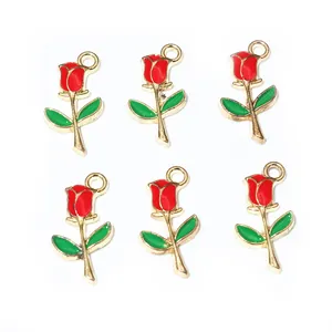 Set of six red rose flower enamel pendants with golden alloy borders for DIY jewelry making