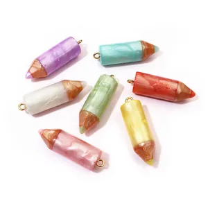 Colorful resin pencil charms with marble texture and gold metal rings for DIY jewelry making