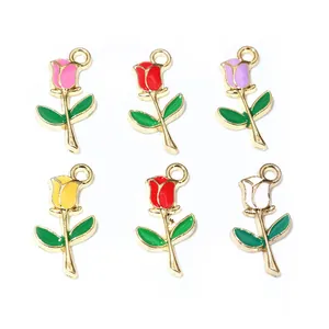 Rose Flower Enamel Alloy Charms For DIY Jewelry Making Vintage Floral Pendants For Necklace Bracelet Earring Accessories