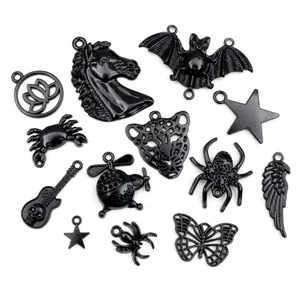 Black Alloy Jewelry Charms Mixed Bat Spider Butterfly Star Horse Wings Skull Guitar Pendants For DIY Jewelry Making