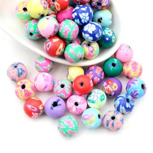 Perles rondes en pâte polymère à motifs floraux pour création de bijoux DIY
